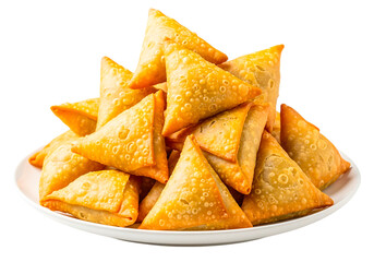 Pile of crispy samosas isolated on transparent background served on a plate