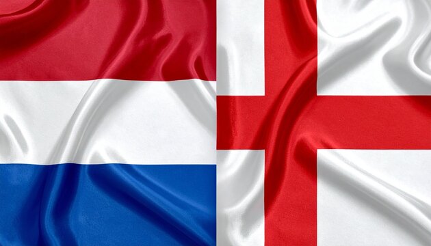 A diagonal split design featuring the Dutch flag with horizontal red, white, and blue stripes on the left, and the English flag with a red St George’s Cross on white on the right