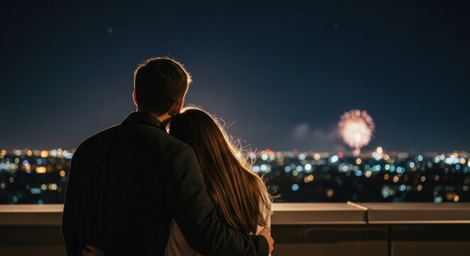 Romantic evening celebrating with fireworks over cityscape as loving couple embraces, creating a memory during the holiday season of festive joy