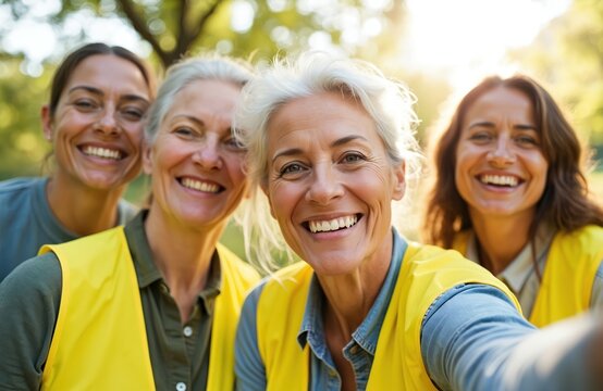 Group of smiling women wearing yellow vests take selfie in park. Diverse friends, aged and young, volunteering together outdoors for community cleanup project. Happy team collaboration.