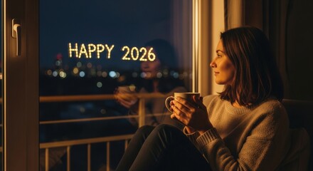 Dreamy woman contemplates Happy 2026 looking out over city lights with warm drink in hand, perfect for New Year's Eve celebrations and cozy winter nights