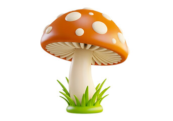 Cartoon mushroom with orange cap and white spots isolated on transparent background