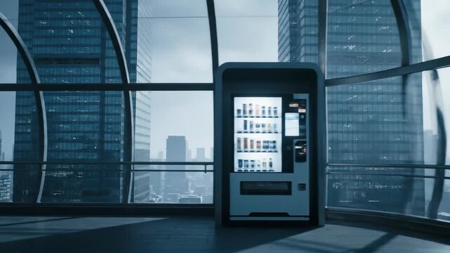 Vending machine in modern glass walkway with city skyscrapers outside, a corporate financial district setting, video footage.