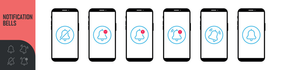 Notification bell icon for incoming inbox message on the smartphone screen. Bells is shaking to alert new notifications, ​for web site, logo, app, UI