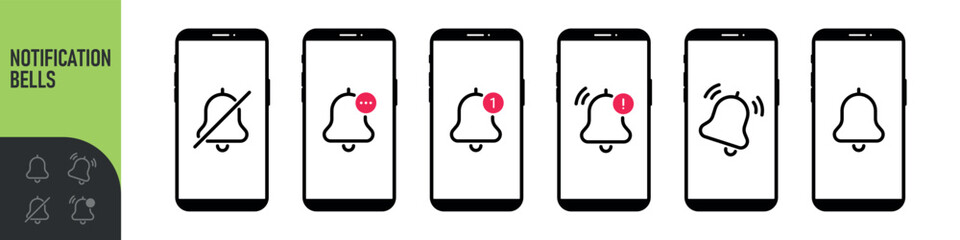 Notification bell icon for incoming inbox message on the smartphone screen. Bells is shaking to alert new notifications, ​for web site, logo, app, UI