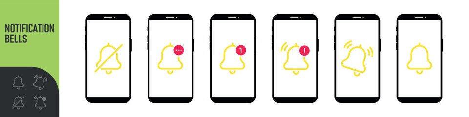Notification bell icon for incoming inbox message on the smartphone screen. Bells is shaking to alert new notifications, ​for web site, logo, app, UI