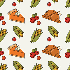 Thanksgiving Feast Seamless Pattern: Pumpkin Pie, Roasted Turkey, Corn, and Cranberries