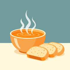Steaming Orange Soup with Sliced Bread in Retro Flat Design