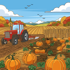 Autumn Harvest Scene: Tractor Plowing Field with Pumpkins and Golden Crops