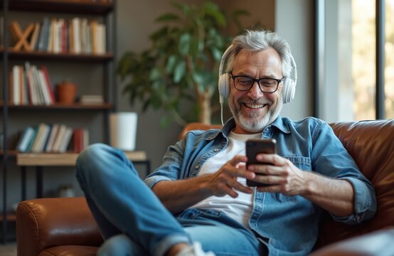 Mature man smiles happily wearing headphones. He rests on couch using cellphone to listen music. Relaxed guy enjoys his home office time with audio playlist.