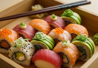  Assorted sushi rolls in a traditional bamboo tray with chopsticks, close-up food photography, warm natural lighting. 