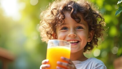 Happy curly child holds glass of fresh orange juice outdoors. Cute little boy drinks fruit beverage in summer garden. Cheerful kid enjoys healthy vitamin drink. Joyful person with beautiful smile on