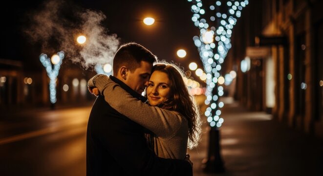 Romantic couple embracing warmly on a winter night walk, surrounded by the soft glow of streetlights and twinkling holiday decorations, creating cozy memories
