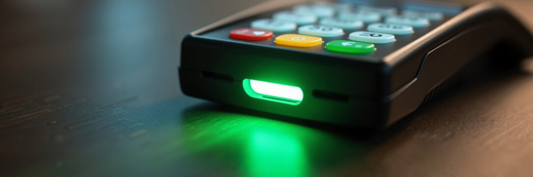 Close-up shows card reader for payment processing, displaying a bright green light, along with colored buttons. Payment processing includes modern technology and secure transactions,