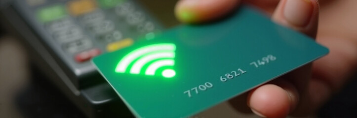 Contactless payment with a green card near point of sale machine. Contactless payment method ensures quick transactions, offering convenience for customers.