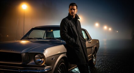 Naklejka premium Stylish man in trench coat leans on classic car at night, radiating confidence and timeless cool near vintage automobile headlights