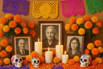 Dia de los Muertos Altar with Marigolds, Candles, and Sugar Skulls