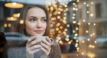 Cozy winter vibes with a pretty girl enjoying coffee by the window, warm lights, relaxing moment, perfect for holidays and seasonal promotions