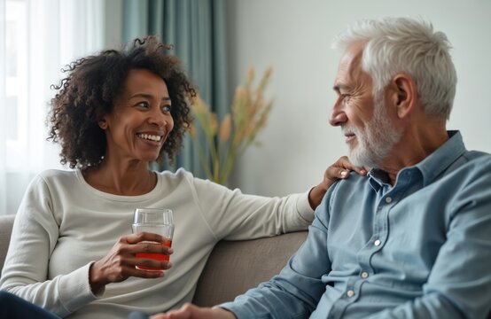 Smiling black woman with drink comforts white haired man on sofa. They talk and connect deeply, showing friendship and mutual understanding, sharing life stories, offering support and listening.