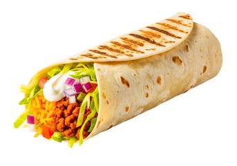 Delicious burrito isolated on transparent background filled with meat and vegetables