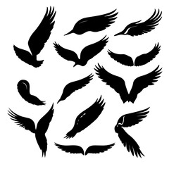 set of black silhouettes of wing birds