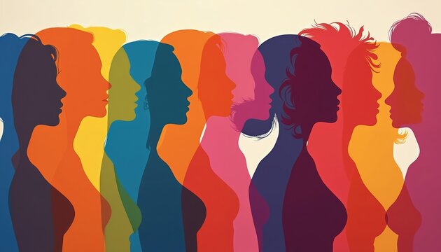 Colorful illustration depicts diverse women silhouettes. Women stand side by side. Image represents unity feminism social issues. It is suitable for advertising articles on empowerment.