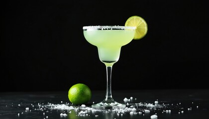 Classic margarita cocktail features lime slice, salted rim on dark table. Fresh green lime sits nearby. White salt crystals scatter on black surface. Refreshing alcoholic drink perfect for