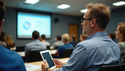 Attendees at training seminar use tablet for learning. Man with glasses holds device in lecture hall. People watch presentation during conference. Adult education concept in class.