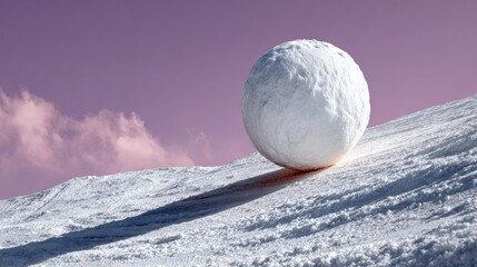 A large white snowball is rolling down a snow covered hill. The sky is pink and the snow is white