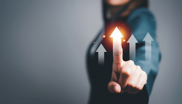 Businesswoman Touching Upward Arrow Symbolizing Company Growth and Future Success - Powered by Adobe
