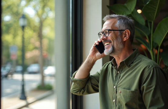 Mature man smiles talking on phone next to a window. Man wearing glasses holds a mobile. Senior businessman is on call indoors with sunlight. He looks happy and successful at work. - Powered by Adobe