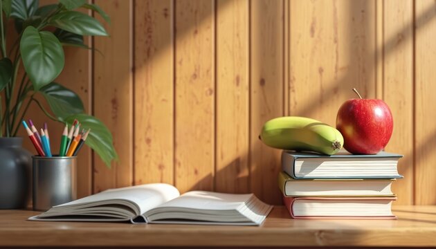 Educational desk with open book colored pencils books and green plant. Red apple green zucchini near books create a healthy studying concept. - Powered by Adobe