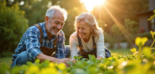 Happy senior couple gardening in their sunny backyard. Elderly man and woman smile, enjoying retirement and planting together. Active old pensioners enjoy hobby, grow organic food.