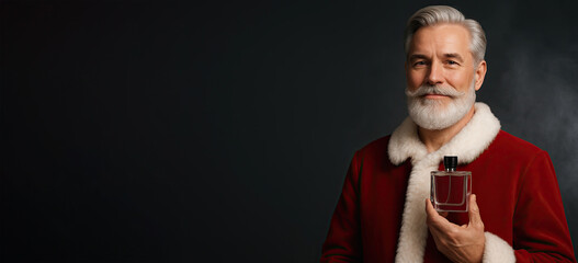 Elegant man in red festive coat holding perfume bottle