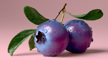 Two purple blueberries with a leaf on top. The leaf is green and the berries are shiny