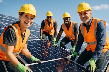 Diverse team installing solar panels on a sunny day for renewable energy