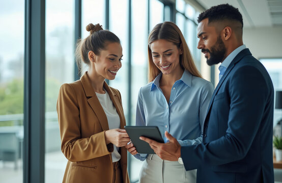 Three business professionals collaborate reviewing digital tablet in modern office space. Diverse team members discuss strategy sharing insights, showing teamwork. Bright natural light fills