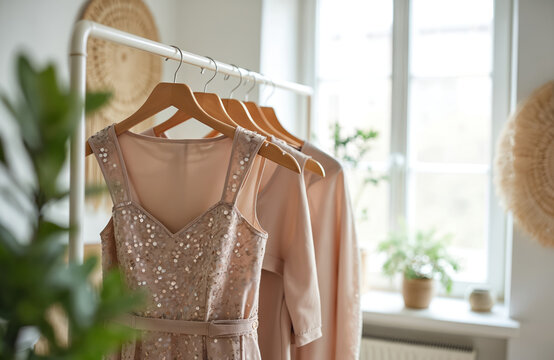 Several elegant dresses hang on rack in bright, airy studio. Foreground features sparkly party dress with sequined bodice, belted waist. Garments soft pastel shades. Natural light streams in through