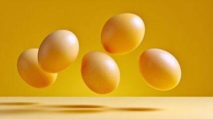 A group of eggs are flying through the air on a yellow background. The eggs are all different sizes and are scattered throughout the image. Scene is playful and lighthearted