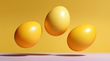 Three yellow eggs are floating in the air above a yellow background. The eggs are positioned at different angles, creating a sense of movement and playfulness. The scene evokes a feeling of lightness