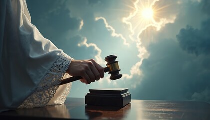 Hand holding gavel over sound block on wooden table. Person wears white robe with lace trim. Cloudy sky with sun shining in background represents divine justice. Judge makes decision in heavenly