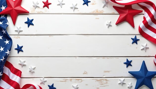 American flag, red, blue, white stars decorate rustic white wood background. Festive scene celebrates USA national holidays like 4th of July, Memorial Day, Flag Day. Conveys pride, patriotism,