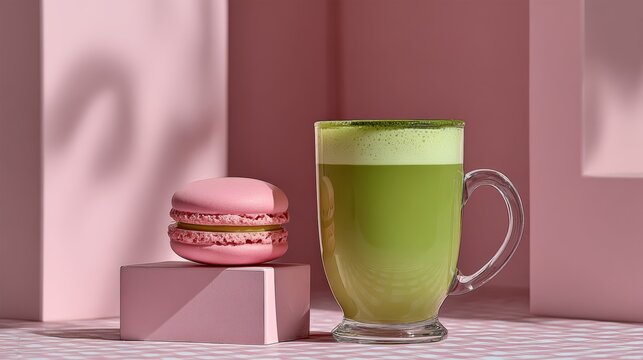 A cup of green tea sits next to a pink macaron. Concept of indulgence and relaxation, as the macaron and tea are both sweet and comforting. The pink background adds a touch of romance