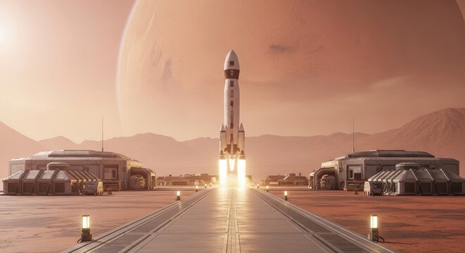 Spectacular rocket launch on Mars, futuristic space exploration and colonization, inspiring innovation and adventure for a better future, sci-fi fantasy scene