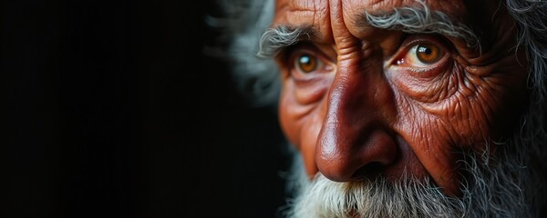 Close up photo of Aboriginal man in deep thought. Portrait of senior indigenous male shows wrinkles on face and grey hair. Black background allows to create space.