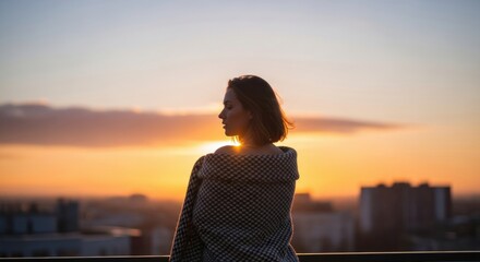 Serene woman wrapped in a blanket enjoys rooftop sunset views, inspiring peace and tranquility, ideal for wellness and mindful lifestyle campaigns