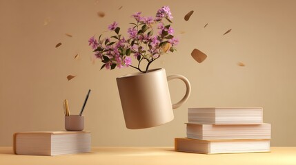 A flower is floating in the air above a stack of books. The scene is set on a table with a vase, a pen, and a cup. Scene is whimsical and playful