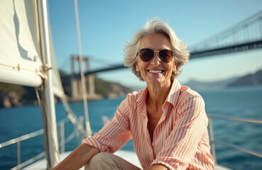 Mature woman with short gray hair wearing sunglasses, striped shirt sits on yacht. She smiles, looks straight at camera. Woman is on vacation, enjoying sunny day by water with bridge in background.