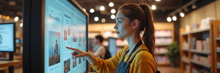 Woman uses digital kiosk, she browses digital kiosk with her finger, inside store. Modern digital kiosk includes interactive touch screen and user interface.