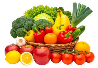 A colorful assortment of fresh fruits and vegetables isolated on transparent background